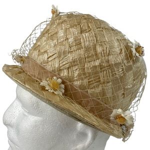 Vintage 1960s Woven Rattan Harvesting Summer Hat Netting Flowers Bow Miss Eileen